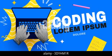Vibrant illustration of hands typing on a laptop, representing coding and software development. Vector illustration. Stock Vector