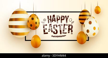 Beautiful Happy Easter banner with hanging decorative eggs. Ideal for greeting cards, invitations, and holiday promotions. Vector illustration Stock Vector