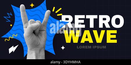 Retro Wave style banner with a hand making a rock and roll gesture, featuring abstract shapes and bold typography. Vector illustration. Stock Vector
