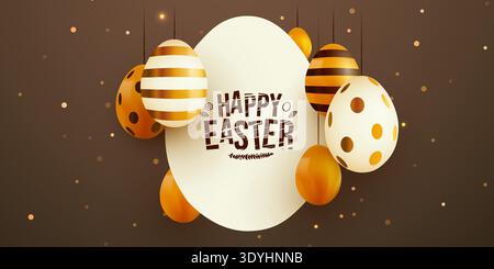 Elegant Happy Easter background with decorative eggs, featuring golden and white patterns. Vector illustration. Stock Vector