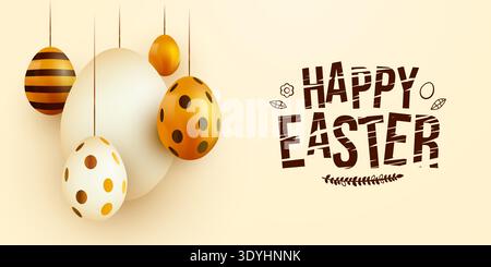 A cheerful Happy Easter banner featuring elegant hanging decorated eggs on a soft cream background for holiday greetings. Vector illustration Stock Vector