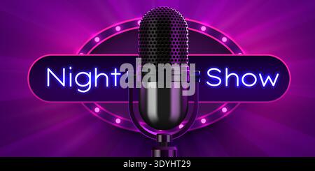 Night Show neon sign with a classic microphone on a vibrant purple stage. This retro design is ideal for entertainment. Vector illustration. Stock Vector