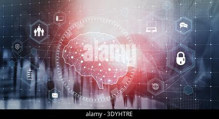 Business Technology Concept with AI Brain and Secure Data Network. Stock Photo