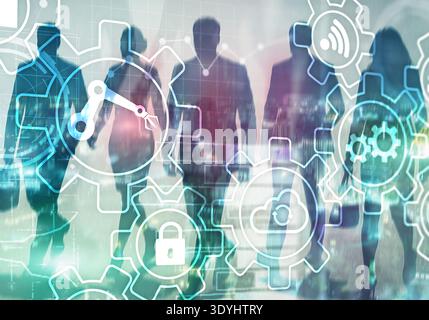 Automation of business processes with gear icons. Cloud security digital workflow concept. Stock Photo