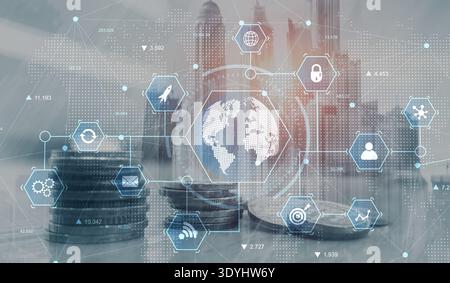 Global Technology Network Visualization with Business and Data Integration. Stock Photo