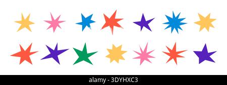 Colorful sharp shapes collection. Bright irregular sparks and twinkles set. Abstract edgy sparkle and stars elements pack. Asymmetry angular forms bundle for banners, collages, posters, stickers Stock Vector