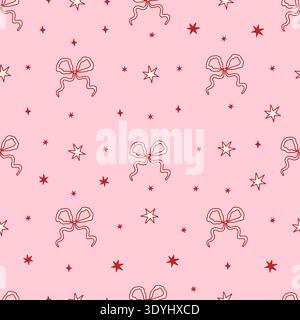 Seamless coquette pattern with red hand-drawn bows and sparkly stars on a pastel pink background. Ideal for feminine fabric, wrapping paper, phone cases, stationery, and digital use. Vector art Stock Vector