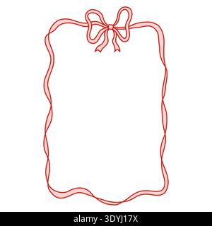 Cute red ribbon frame with bow. Hand-drawn rectangular border for greeting cards, gift tags, holiday designs, romantic notes, Valentines Day, wedding, Christmas, or invitation decoration. Vector art Stock Vector