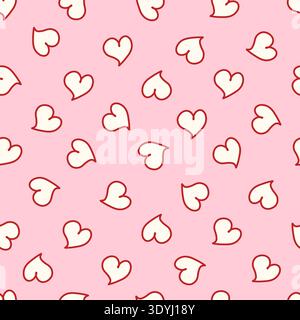 Seamless coquette pattern with red outlined cream hearts on a pink background. Romantic and playful design perfect for girly stationery, Valentines Day, wrapping paper, textiles. Vector illustration Stock Vector