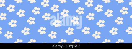 Simple seamless floral pattern with minimal cream colored flowers on a bright blue background. Ideal for kids fabrics, summer wrapping paper, stationery, and cheerful surface designs. Vector art Stock Vector