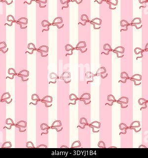 Seamless coquette pattern with red bows on pink and cream vertical stripes. Girly and romantic design perfect for fabric, wrapping paper, digital backgrounds, and kawaii-inspired projects. Stock Vector