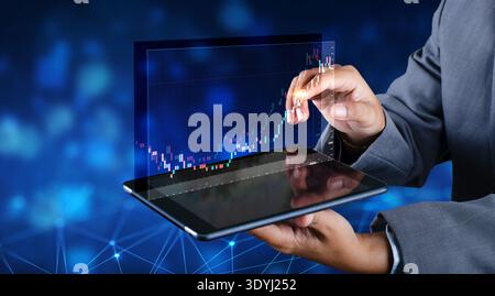 Business man trader investor analyst using mobile phone app analytics for cryptocurrency financial market analysis, trading data index chart graph on Stock Photo