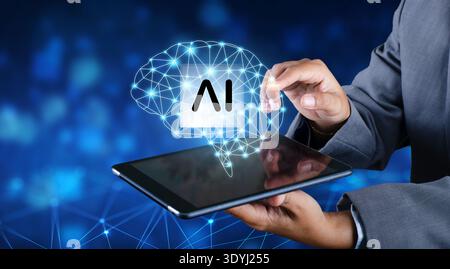 Person interacts with a holographic brain projected from a smartphone showcasing artificial intelligence technology and the future of digital interact Stock Photo