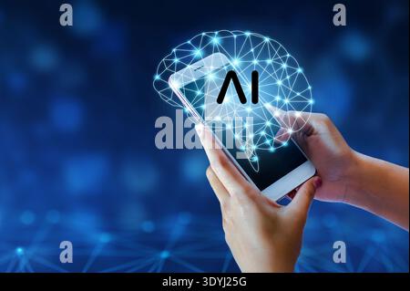 Person interacts with a holographic brain projected from a smartphone showcasing artificial intelligence technology and the future of digital interact Stock Photo