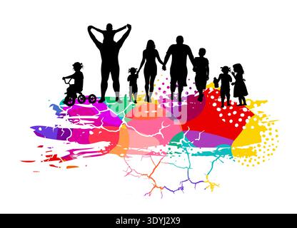 Family parents and kids. Silhouettes of families and colorful blots. Hand drawn. Not AI, vector illustration. Stock Vector
