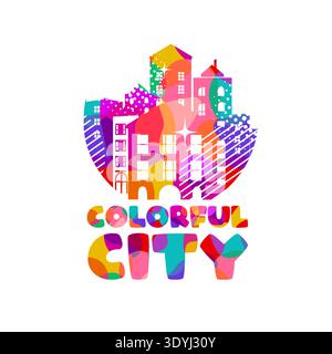 Colorful logo modern city skyline with skyscrapers in flat vector style on white background. Hand drawn Not AI, vector illustration. Stock Vector