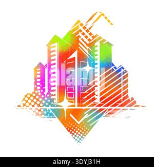 Colorful logo modern city skyline with skyscrapers in flat vector style on white background. Hand drawn Not AI, vector illustration. Stock Vector