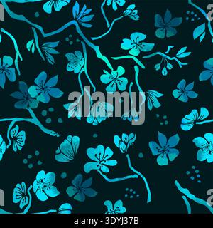 Seamless black background with blue neon sakura flowers. Hand drawn. Not AI, vector illustration Stock Vector