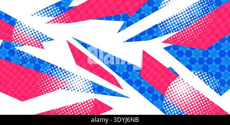 Abstract Sport Background with Sharp Blue and Pink Shapes, Halftone Patterns and Texture Effects. Template for Sport or Event Banner and Poster Design Stock Vector
