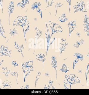 Seamless floral pattern with blue whimsical wild flowers and herbs Stock Vector
