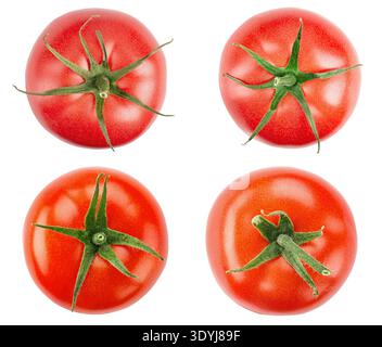 Set of four fresh red tomatoes with green leaves, top view, isolated on white background. Collection of ripe organic vegetables for design. File conta Stock Photo