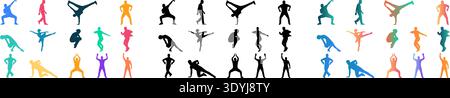An expansive collection of dynamic human figures captured in motion. Vibrant neon gradients and stark black silhouettes showcase athletic prowess acro Stock Vector