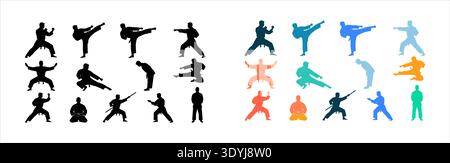 A diverse collection of martial arts silhouettes depicts fighters in dynamic poses including high kicks, blocks, and sword strikes. The set features s Stock Vector