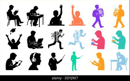 A collection of minimalist student silhouettes showcases educational activities from graduation to science experiments. Solid black and bright neon co Stock Vector