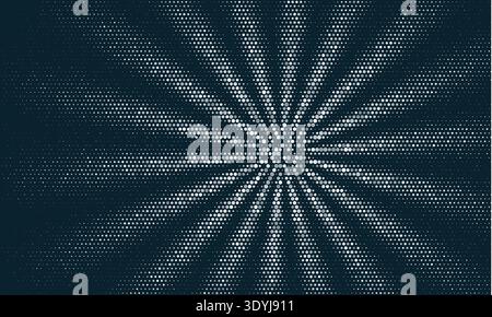 Shimmering silver halftone dots explode from a central point, forming a dynamic radial sunburst. This digital abstract pattern uses textured shapes Stock Vector