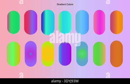 A vibrant collection of fourteen rounded capsule shapes displays a stunning array of neon color gradients. These smooth transitions from cyan to viole Stock Vector