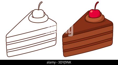 Piece of chocolate cake with maraschino cherry. Hand drawn cake slice vector illustration. Color drawing and black and white line art for coloring. Stock Vector