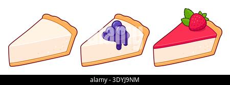 Cheesecake slices set with different toppings. Plain vanilla, fruits with syrup (blueberry, strawberry). Isolated vector clip art illustration. Stock Vector