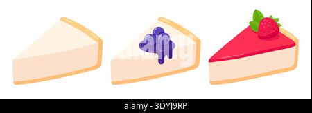 Cheesecake slices set with different toppings. Plain vanilla, fruits with syrup (blueberry, strawberry). Isolated vector clip art illustration. Stock Vector