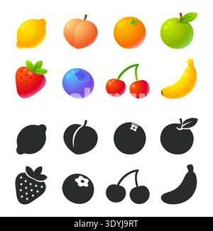 Fruit icon set: apple, strawberry, orange, peach, banana, cherry, lemon, blueberry. Two styles: bright cartoon and solid black. Vector illustration. Stock Vector