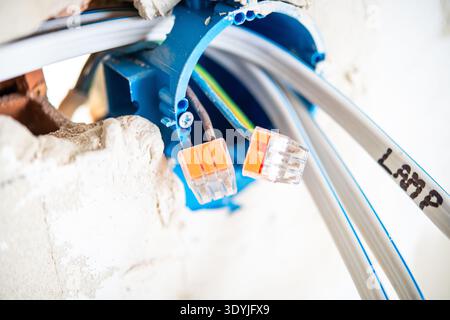Closeup view of electrical wiring with orange and transparent connectors inside a blue plastic wall box during installation. Stock Photo