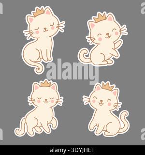 Cute Princess Cat Sticker Set with Crown, Kawaii Cartoon Kitty Characters Collection Stock Vector