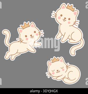 Cute Kawaii Princess Cat Sticker Set, Adorable Cartoon Kitty Characters with Crown.s ticker pack Stock Vector