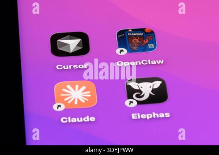 Shanghai,China-March 8th 2026: Cursor, OpenClaw, Claude, Elephas. AI agent apps Stock Photo