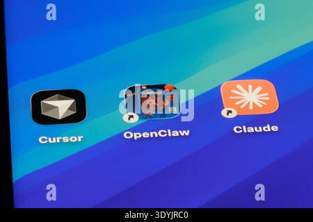 Shanghai,China-March 8th 2026: OpenClaw, Cursor, Claude. AI agent apps Stock Photo