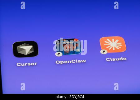 Shanghai,China-March 8th 2026: OpenClaw, Cursor, Claude. AI agent apps Stock Photo
