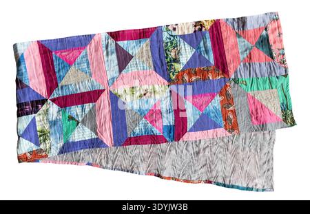 folded in half handcrafted long patchwork scarf stitched from various silk fabrics isolated on white background Stock Photo