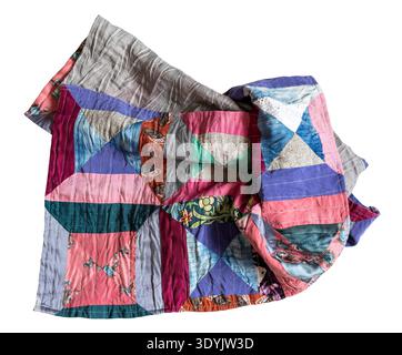 crumpled handcrafted long patchwork scarf stitched from various silk fabrics isolated on white background Stock Photo
