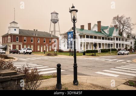 Street View of Historic Boyd Tavern and Town Water Tower in Boydton Virginia, Mecklenburg County. Stock Photo