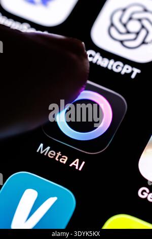 07 March 2026, Bavaria, Munich: The logo of the Meta AI app can be seen on the display of a smartphone on March 7, 2026, while a finger taps on the application icon. Meta AI is an AI-supported virtual assistant (artificial intelligence, chatbot, large language model, LLM) developed by Meta Platforms Inc. and integrated into apps such as WhatsApp, Instagram and Facebook to assist users with various tasks. (company, pointing finger, icon, symbol image, symbol photo, illustration, symbolic photo, illustrative photo, theme image, general image, theme photo) Photo: Matthias Balk/dpa Stock Photo