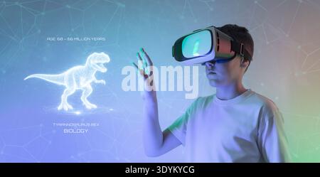 Boy wearing virtual reality headset interacting with holographic dinosaur representing immersive education, digital science learning and prehistoric e Stock Photo