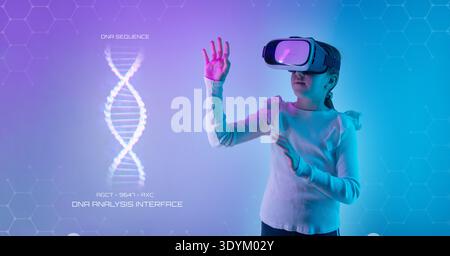 Girl using virtual reality headset interacting with futuristic dna analysis hologram representing biotechnology, science education and immersive digit Stock Photo
