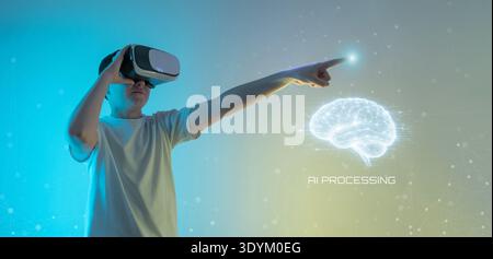 Boy using virtual reality headset interacting with artificial intelligence hologram interface representing future technology, digital innovation and i Stock Photo