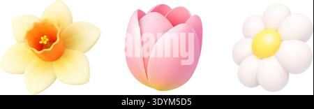 Spring flower set with daffodil, tulip and daisy. Soft 3D vector illustration isolated on white background Stock Vector