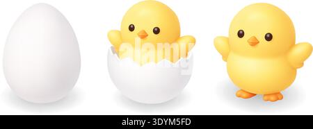 White egg, hatching chick and baby chicken. Easter 3D vector illustration collection Stock Vector