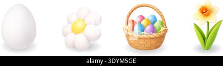 Spring Easter 3D realistic icons. Egg, daisy, basket and daffodil. Minimal 3D vector illustration set Stock Vector